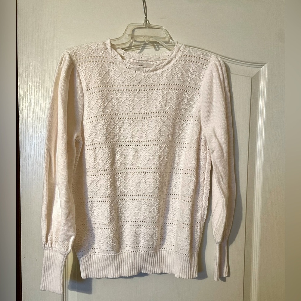 LOFT Dot Stripe Pointelle Ivory Cotton Sweater Size L Scalloped Detail Crewneck